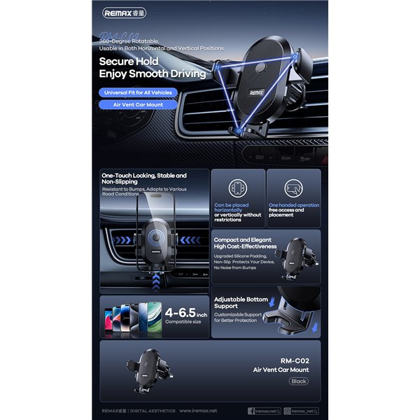 Automobilinis telefono laikiklis Remax RM-C02 (air vent) juodas