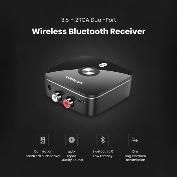 Bluetooth adapteris imtuvas Ugreen CM106 2xRCA/AUX Bluetooth 5.1 juodas