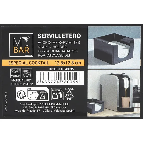 Napkin holder My Bar COCKTAIL Black Plastic 12,8 x 12,8 x 8,8 cm (24 Units)