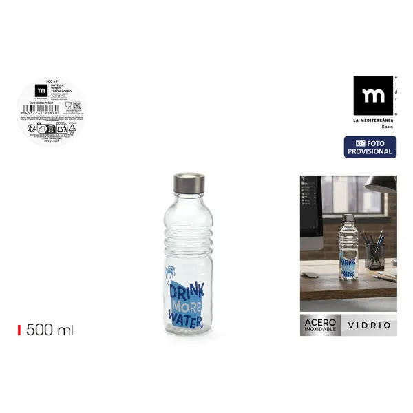 Стеклянная бутылка La Mediterránea Drink more Water Синий Прозрачный Cтекло Сталь 500 ml (24 штук)