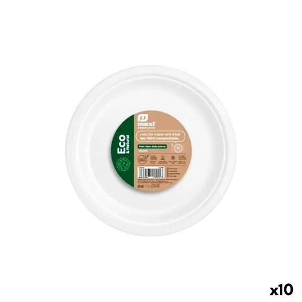 Sarja kierrätettäviä lautasia Maxi Products Valkoinen Sokeriruoko Ø 26 cm 50 Kappaletta (10 osaa)