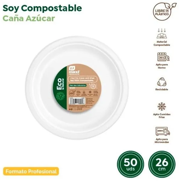 Sarja kierrätettäviä lautasia Maxi Products Valkoinen Sokeriruoko Ø 26 cm 50 Kappaletta (10 osaa)