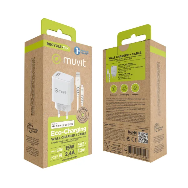 Wall Charger + USB A to USB-C Cable Muvit for Change SN-TC170DS1E150A + DC-006 White 12 W