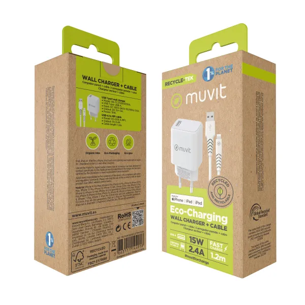 Wall Charger + USB A to USB-C Cable Muvit for Change SN-TC170DS1E150A + DC-006 White 12 W