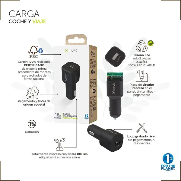 Automobilinis USB įkroviklis Muvit Juoda 30 W