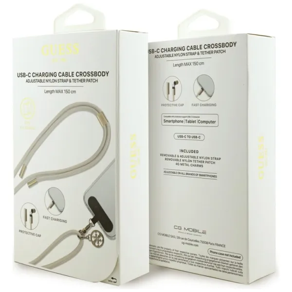 Guess Crossbody Strap 4G Charm - Universal Phone Strap / USB-C to USB-C Cable 1.5m (Beige)