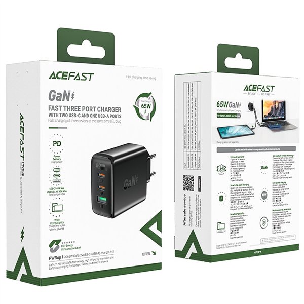 Charger Acefast A41 65W GaN 2xUSB-C/USB-A black