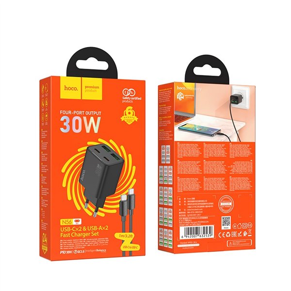 Charger Hoco N56 30W GaN 2xUSB-C/2xUSB-A + USB-C to USB-C cable 1.0m black