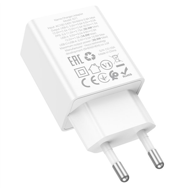 Charger Hoco N71 30W GaN USB-C/USB-A white