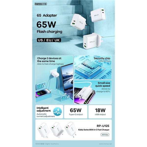 Charger Remax RP-U125 65W GaN USB-C/USB-A white