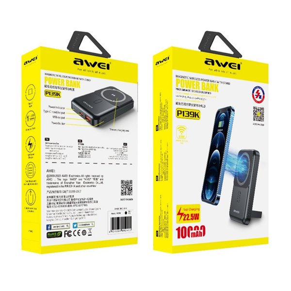 External battery Power Bank Awei P139K 22.5W Magnetic Wireless 10000mAh black