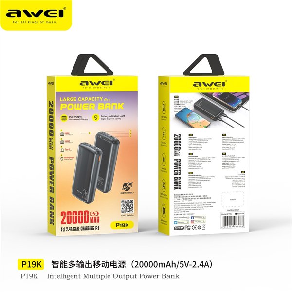 External battery Power Bank Awei P19K 5V/2.4A 20000mAh black