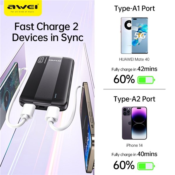 External battery Power Bank Awei P20K 5V/2.4A 10000mAh black