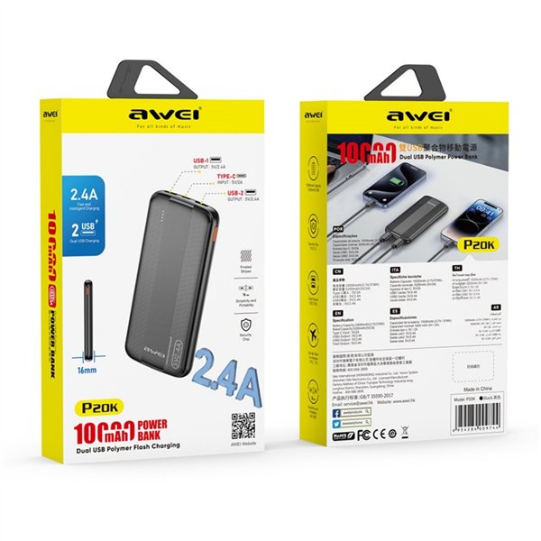 External battery Power Bank Awei P20K 5V/2.4A 10000mAh black