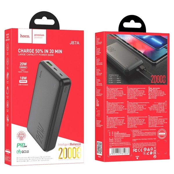 External battery Power Bank Hoco J87A Type-C PD 20W+Quick Charge 3.0 20000mAh black