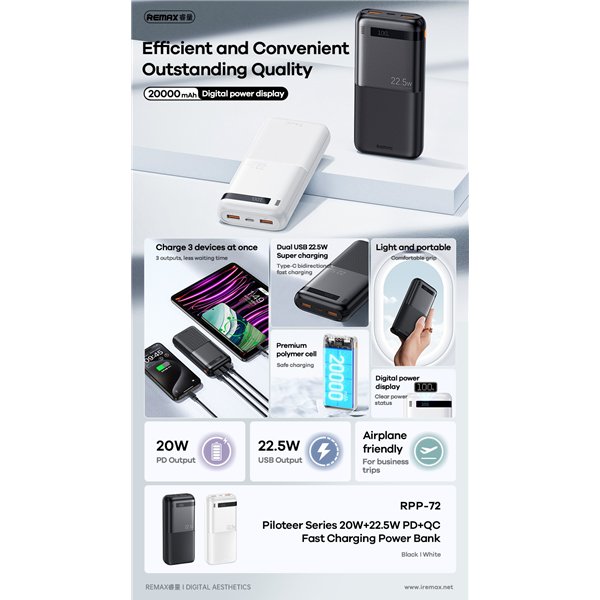 External battery Power Bank Remax RPP-72 22.5W 20000mAh black