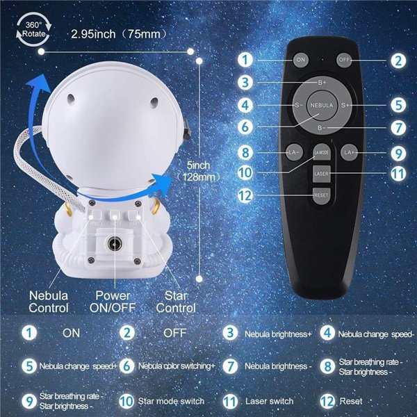 LED 3D galaxy and star projector Reach Mini Astronaut, white