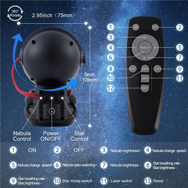 LED 3D galaxy and star projector Reach Mini Astronaut, black