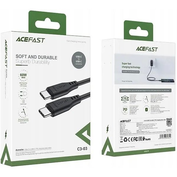 USB kabelis Acefast C3-03 60W USB-C to USB-C 1.2m juodas
