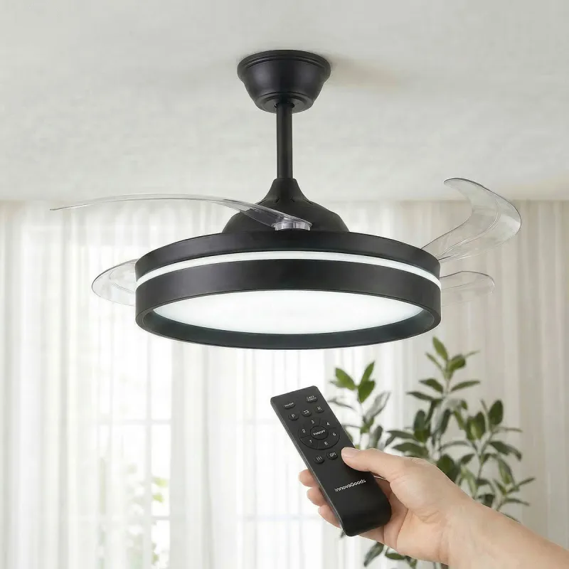 Griestu ventilators ar LED gaismu, ar 4 izbīdāmiem lāpstiņām un tālvadības pulti InnovaGoods