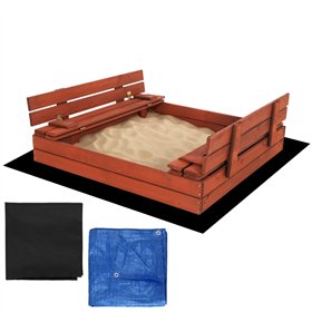 Uždara smėlio dėžė su suolais Springos SBP120SET02 120x120 cm impregnuota mediena, su plėve ir pagrindo danga