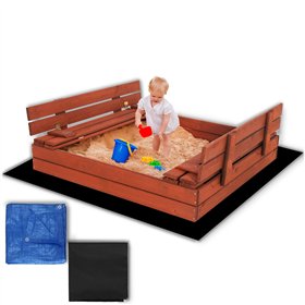 Uždara smėlio dėžė su suolais Springos SBP120SET02 120x120 cm impregnuota mediena, su plėve ir pagrindo danga