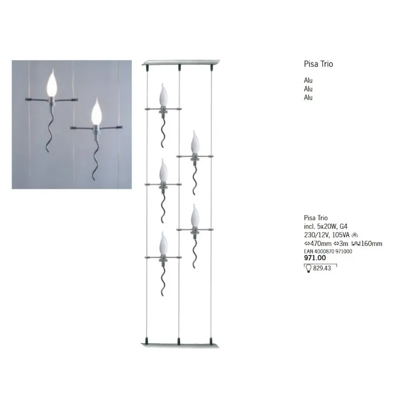 97100 Pisa Trio Lichtvorhang 5x20W G4 Alu