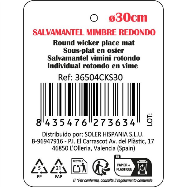 Table Mat Privilege Korne Brown wicker Ø 30 cm (18 Units)