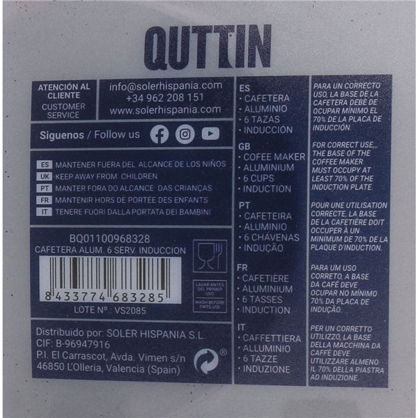 Italian Coffee Pot Quttin Aluminium 6 Cups (6 Units)