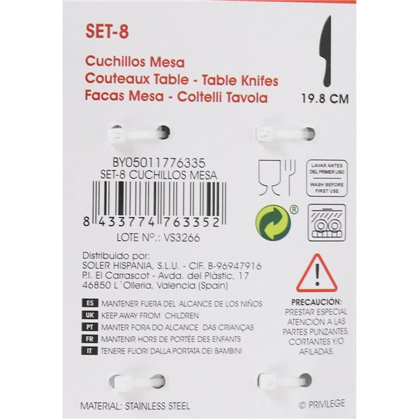 Knife Set Privilege Silver Stainless steel 19,8 cm 8 Pieces (24 Units)