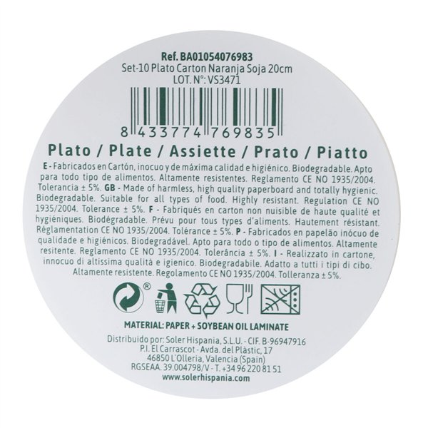 Plate set Algon Orange 20 cm 10 Pieces (24 Units)