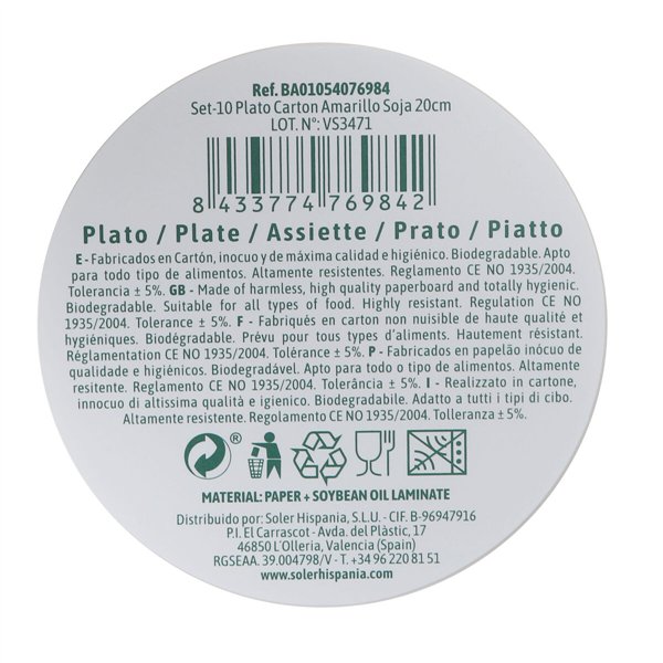 Plate set Algon Yellow 20 cm 10 Pieces (24 Units)