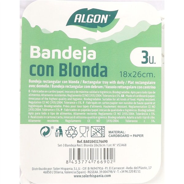 Snack tray Algon Rectangular 18 x 26 cm 3 Pieces (24 Units)