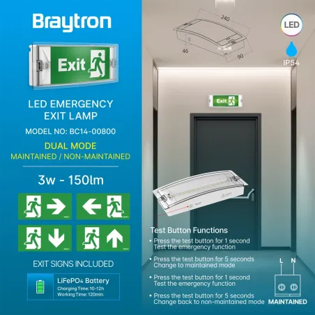 BRY-EXIT-LED-3W-DUAL-IP54-WHT-EMERGENCY EXIT LAMP