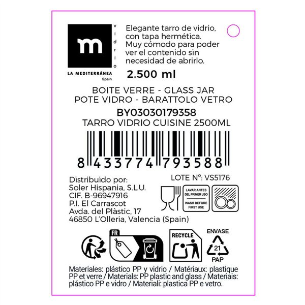 Jar La Mediterránea CUISINE Transparent 2,5 L (6 Units)