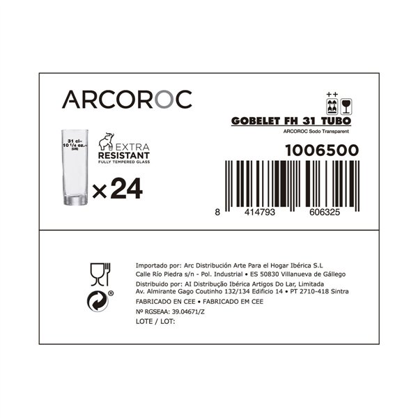 Set of glasses Arcoroc Tubo Transparent Glass 300 ml Tube (24 Units)