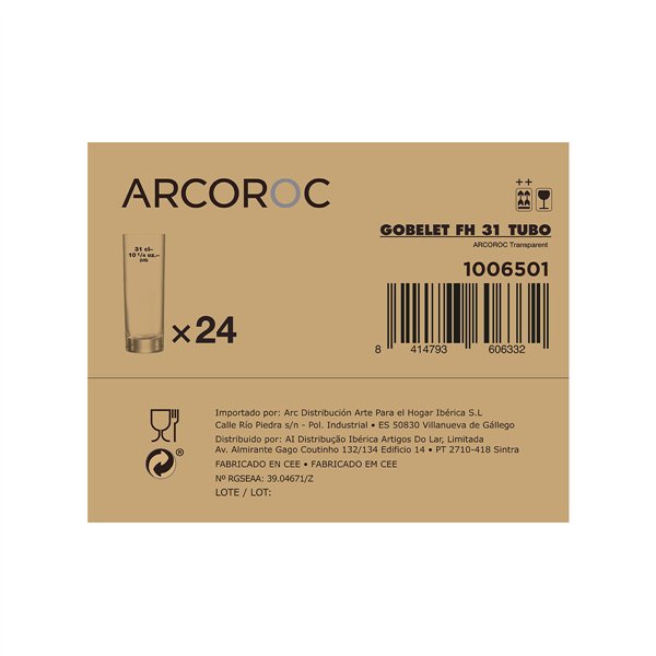 Set of glasses Arcoroc Tubo Transparent Glass 300 ml Tube (24 Units)