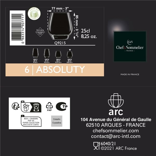 Set of glasses Chef & Sommelier Absoluty Transparent Glass 320 ml 6 Units