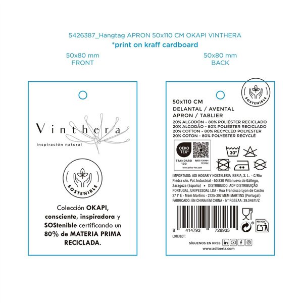 Apron with Pocket Vinthera Okapi Bicoloured Textile 50 x 110 cm Recycled material