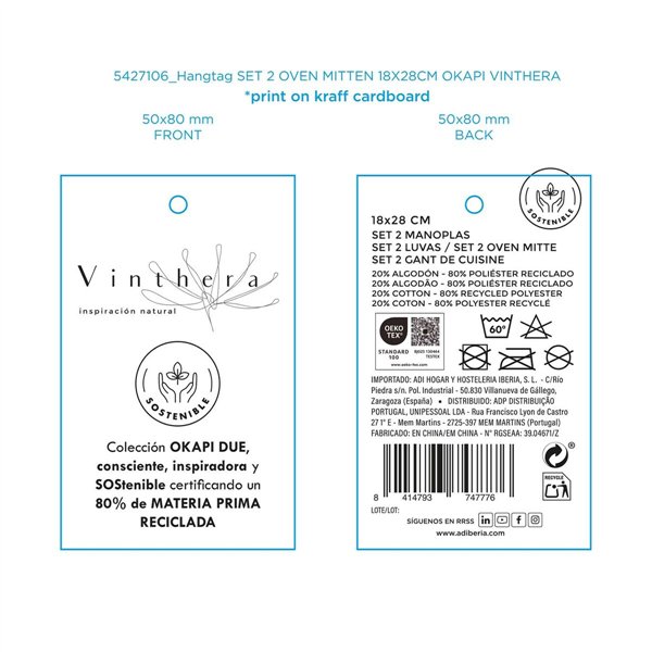 Oven Mitt Vinthera Okapi Due Bicoloured Textile 18 x 28 cm (2 Units)