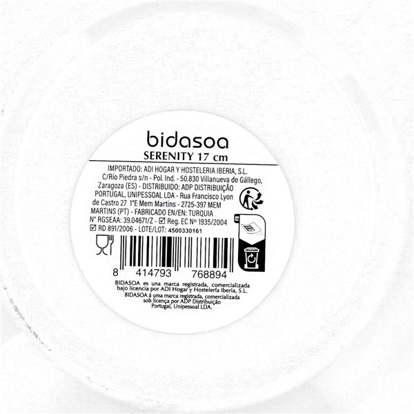 Flat Plate Bidasoa Serenity Hydrozero White Ceramic Ø 17 cm (6 Units)