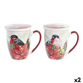 Teacup DKD Home Decor Bird Porcelain Red Green (380 ml) (2 Units)