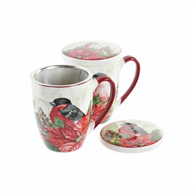Teacup DKD Home Decor Bird Porcelain Red Green (380 ml) (2 Units)