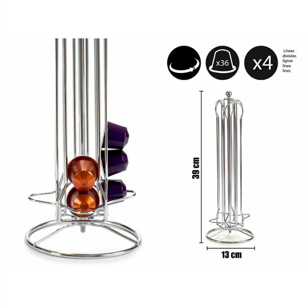 Stand for 36 Coffee Capsules Kinvara Nespresso Silver Metal 13 x 39 x 13 cm Rotating 36 Pieces