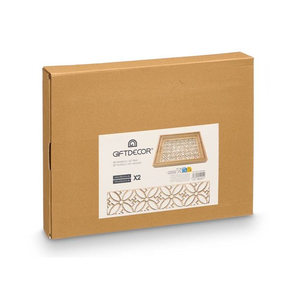 Set of trays Gift Decor Brown Transparent Wood Glass Flower 2 Pieces