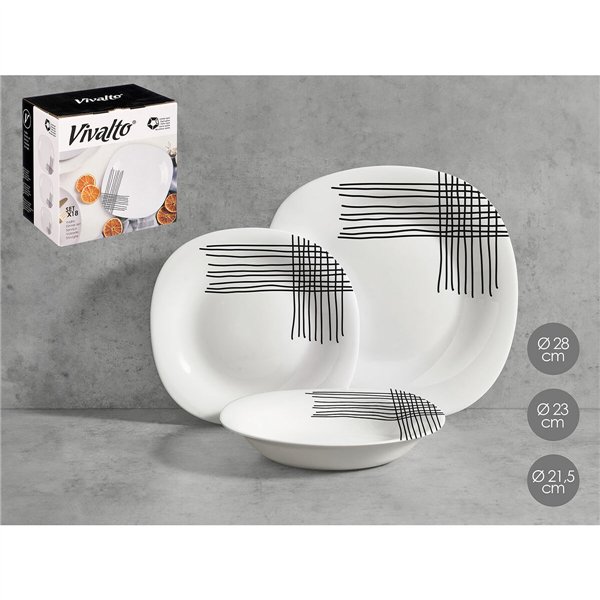 Tableware Vivalto White Black Opaline glass Stripes 18 Pieces (2 Units)