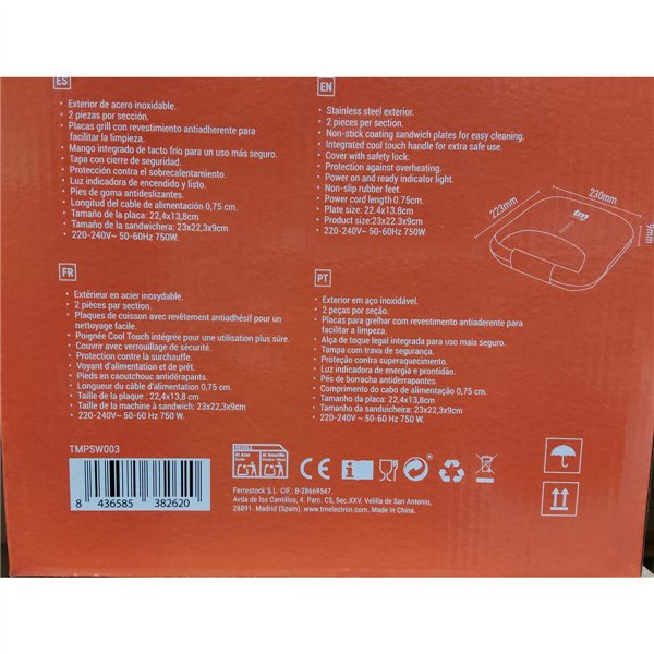 Sandwich Maker TM Electron Steel 750 W Double