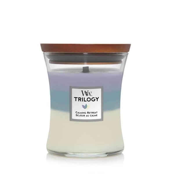 WoodWick Trilogy Medium Hourglass Candles -tuoksukynttilä Rauhoittava Retreat 275 g