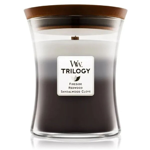 WoodWick Trilogy Medium Hourglass Candles -tuoksukynttilä, lämmin puu, 275 g