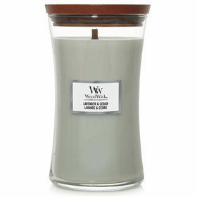 WoodWick lielās smilšu pulksteņa sveces ar lavandu un ciedru aromātu 610 g